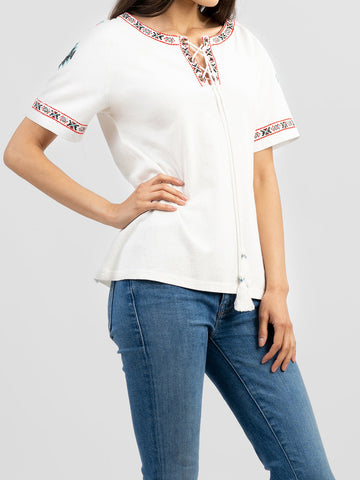 Delila Women Washed Embroidered Aztec Tie-String Tassel Tee - Montana West World