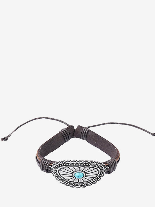 Montana West Brown Oval Floral Sliver Concho Leather Cord Bracelet - Montana West World
