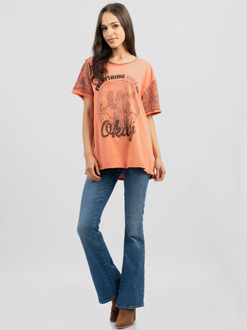 Delila Women Embroidered Washed Cactus Tee With Rhinestones - Montana West World