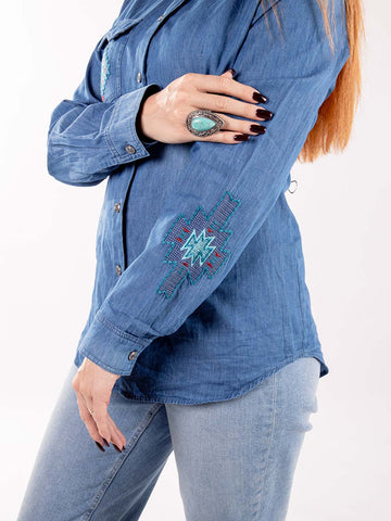 Montana West Embroidered Aztec Pocket Long Sleeve Chambray Shirt - Montana West World