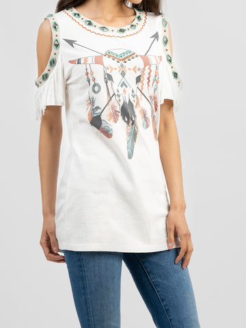 Delila Women Washed Bull Aztec Tee With Fringe - Montana West World