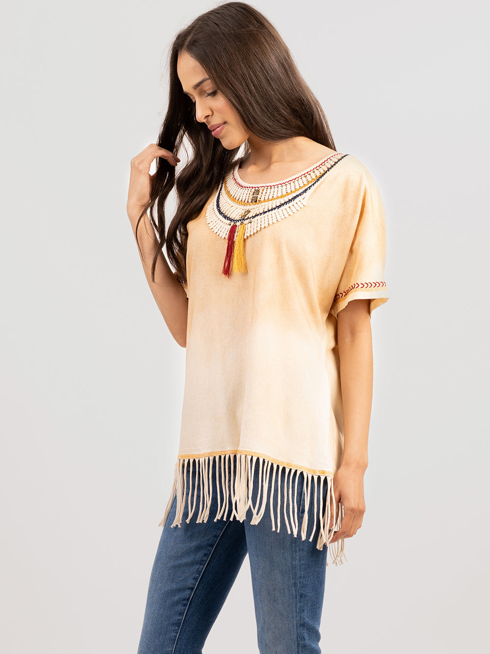 Delila Women’s Fringed Lace collar With Tassel Tee - Montana West World