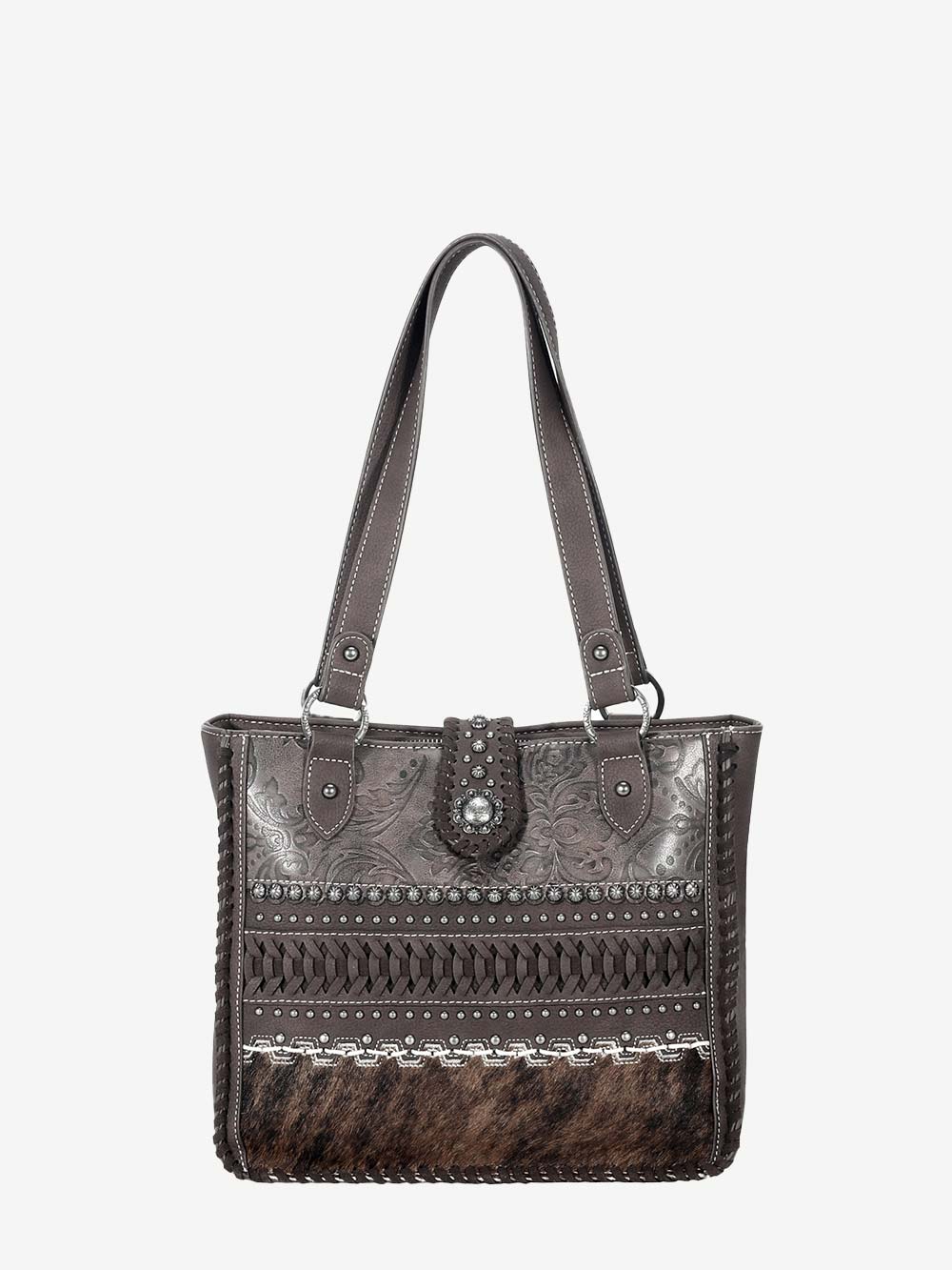 Trinity Ranch Hair On Cowhide Embossed Floral Concho Tote Bag - Montana West World