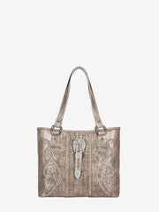Montana West Antique Silver Floral Buckle Whipstitch Tote Bag - Montana West World