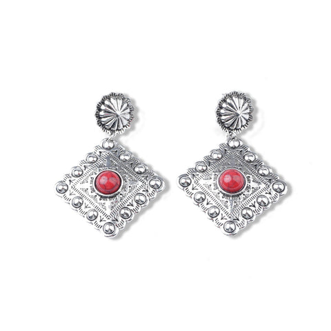 Montana West Red Stone Silver Rhombus Earrings - Montana West World