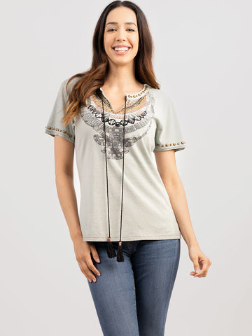 Delila Women Retro Graphic Studding Tie-up Neck Tee - Montana West World