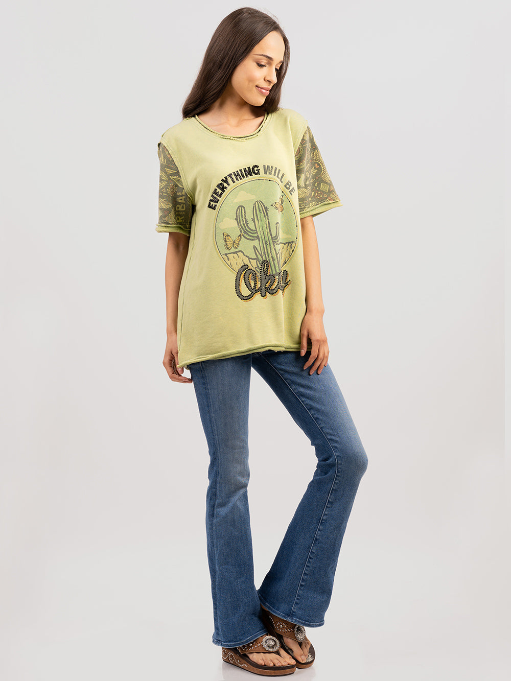Delila Women Embroidered Washed Cactus Tee With Rhinestones - Montana West World