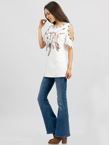 Delila Women Washed Bull Aztec Tee With Fringe - Montana West World