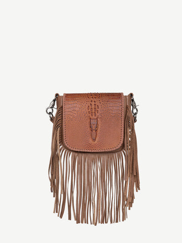 Montana West Genuine Leather Embossed Fringe Crossbody - Montana West World