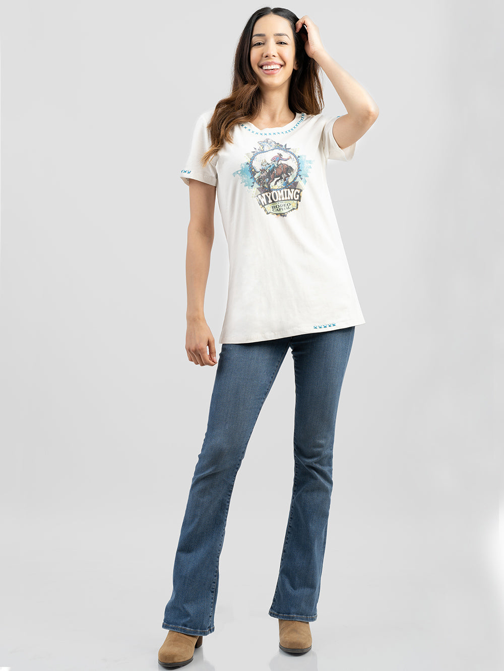 Delila Women Washed Wyoming Rodeo Capttal Tee - Montana West World