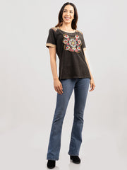 Women Mineral Wash Floral Embroidered Patchwork T-Shirt - Montana West World
