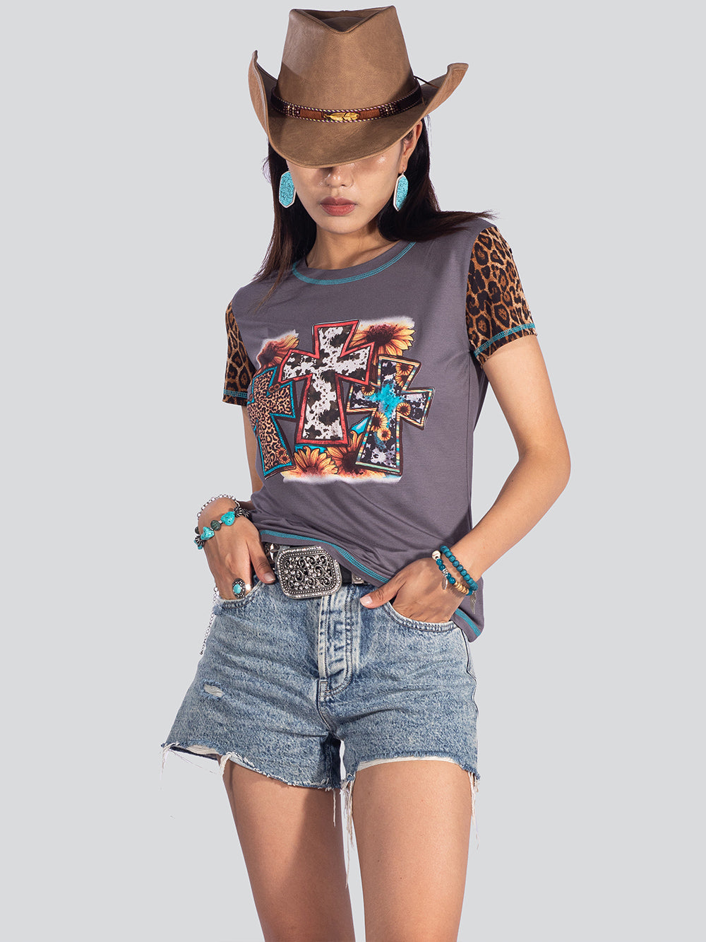 American Bling Women Cross Leopard Print Short Sleeve Shirt - Montana West World