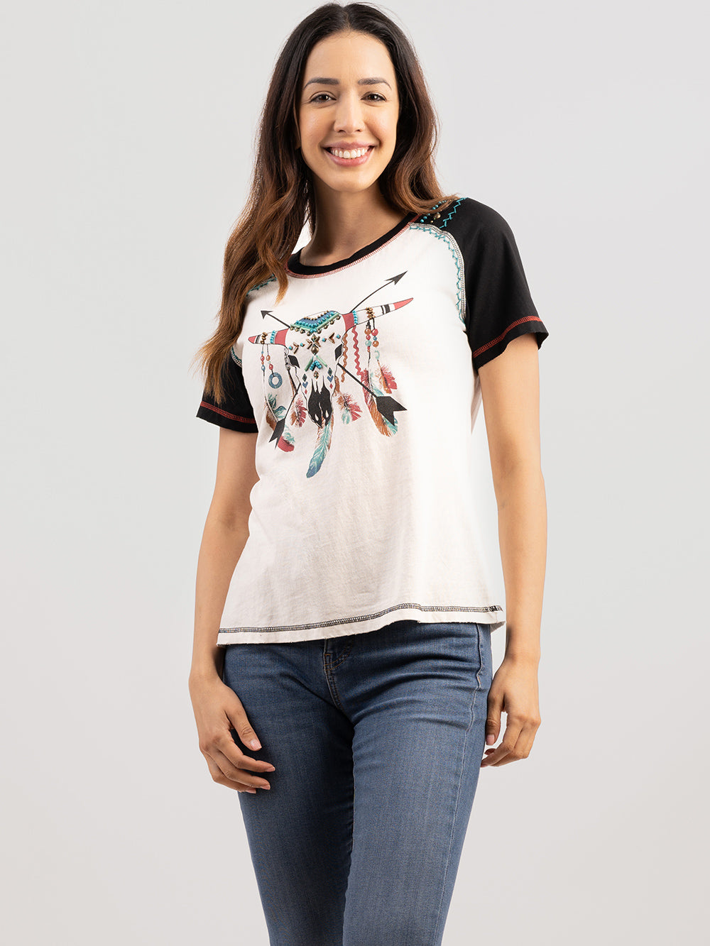 Delila Women Washed Bull Tee With Beads - Montana West World
