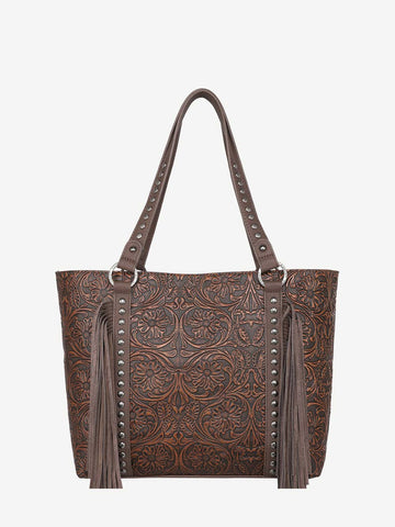 Trinity Ranch Leather Fringe Floral Embossed Concealed Carry Tote - Montana West World