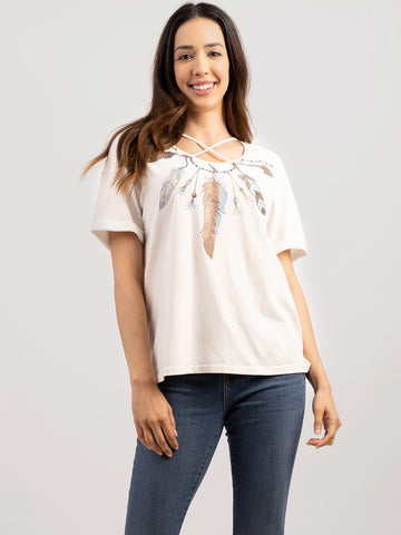 Delila Women's Washed Feather Arrow Print Tee With Rhinestones - Montana West World