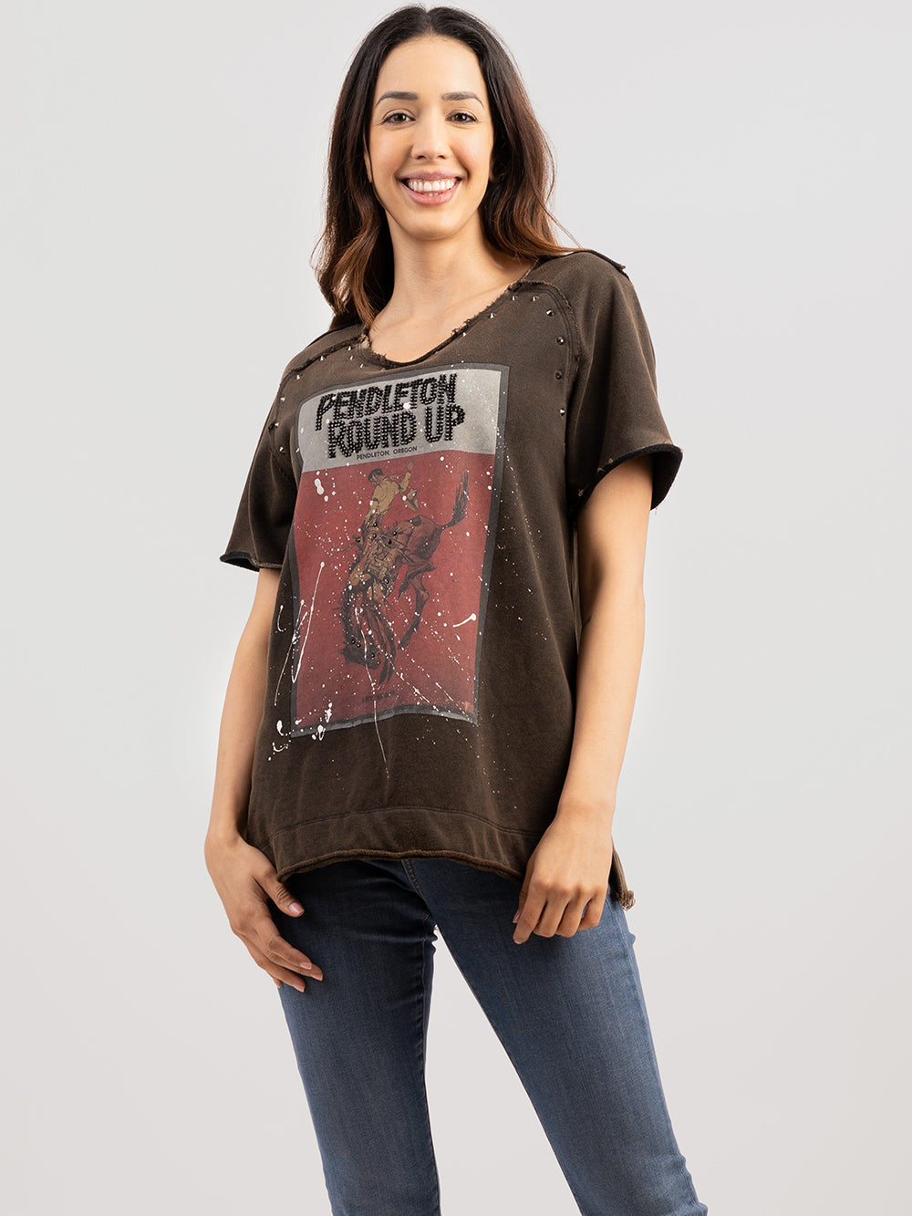 Delila Women Ink Splashed Rodeo Print Tee With Studs - Montana West World