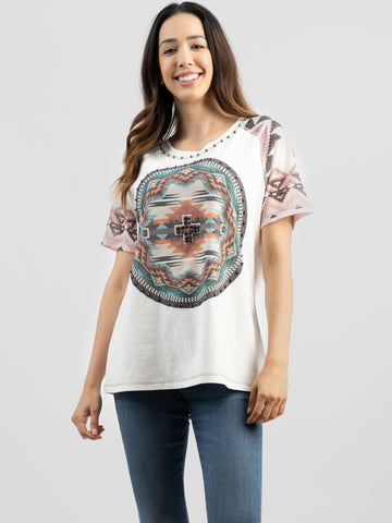 Delila Women's Washed Aztec Print Tee With Rhinestones & Studds - Montana West World