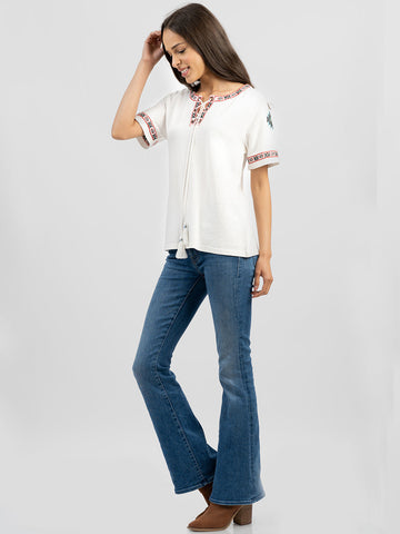 Delila Women Washed Embroidered Aztec Tie-String Tassel Tee - Montana West World