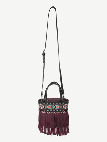 Montana West Embroidered Aztec Fringe Crossbody Mini Tote - Montana West World