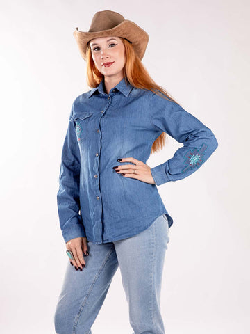 Montana West Embroidered Aztec Pocket Long Sleeve Chambray Shirt - Montana West World