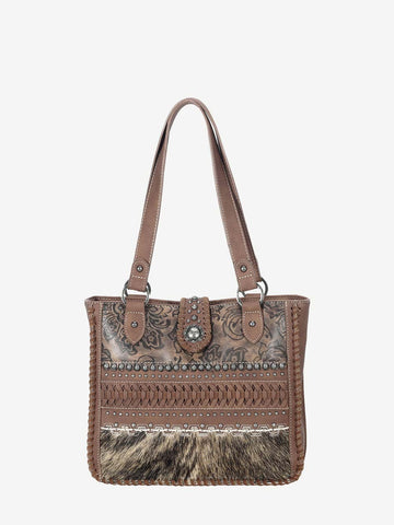 Trinity Ranch Hair On Cowhide Embossed Floral Concho Tote Bag - Montana West World