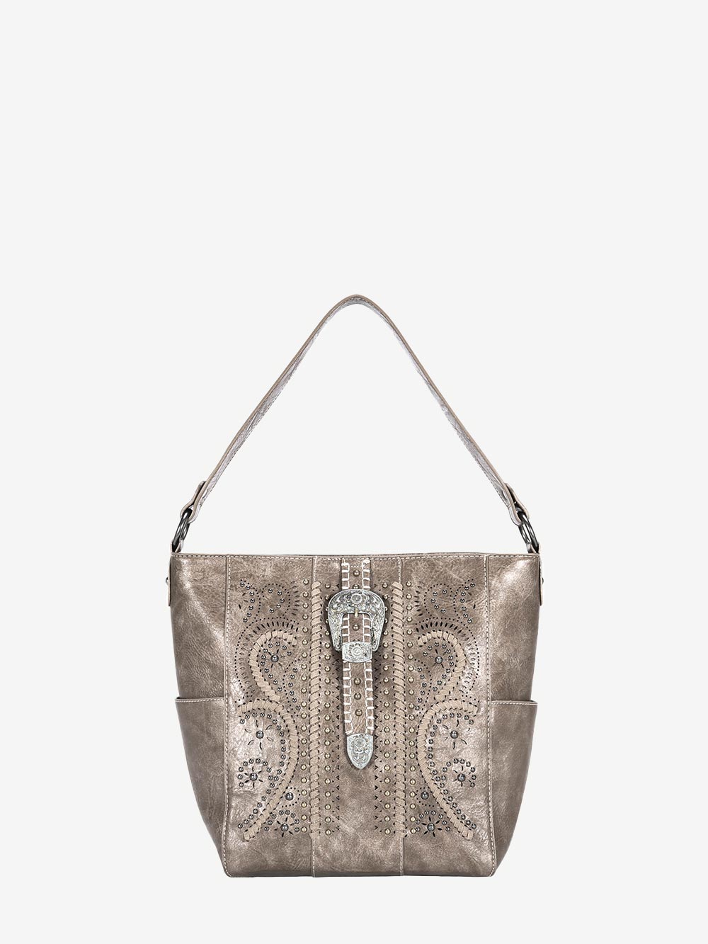 Montana West Antique Silver Floral Buckle Whipstitch Hobo - Montana West World