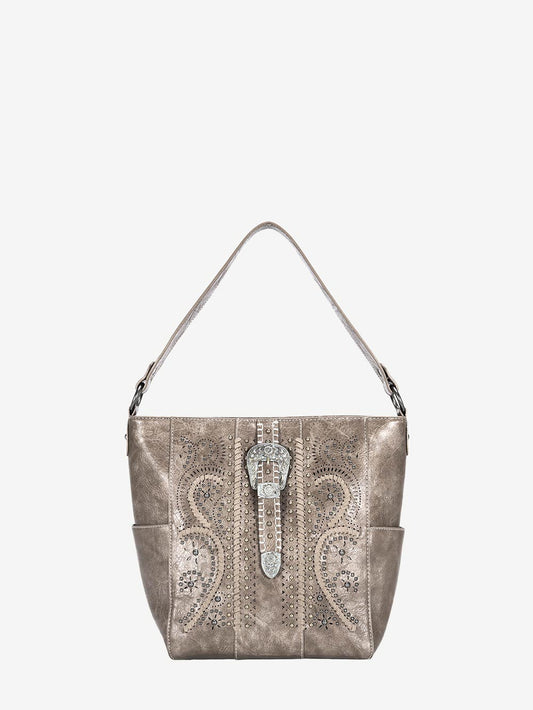 Montana West Antique Silver Floral Buckle Whipstitch Hobo - Montana West World