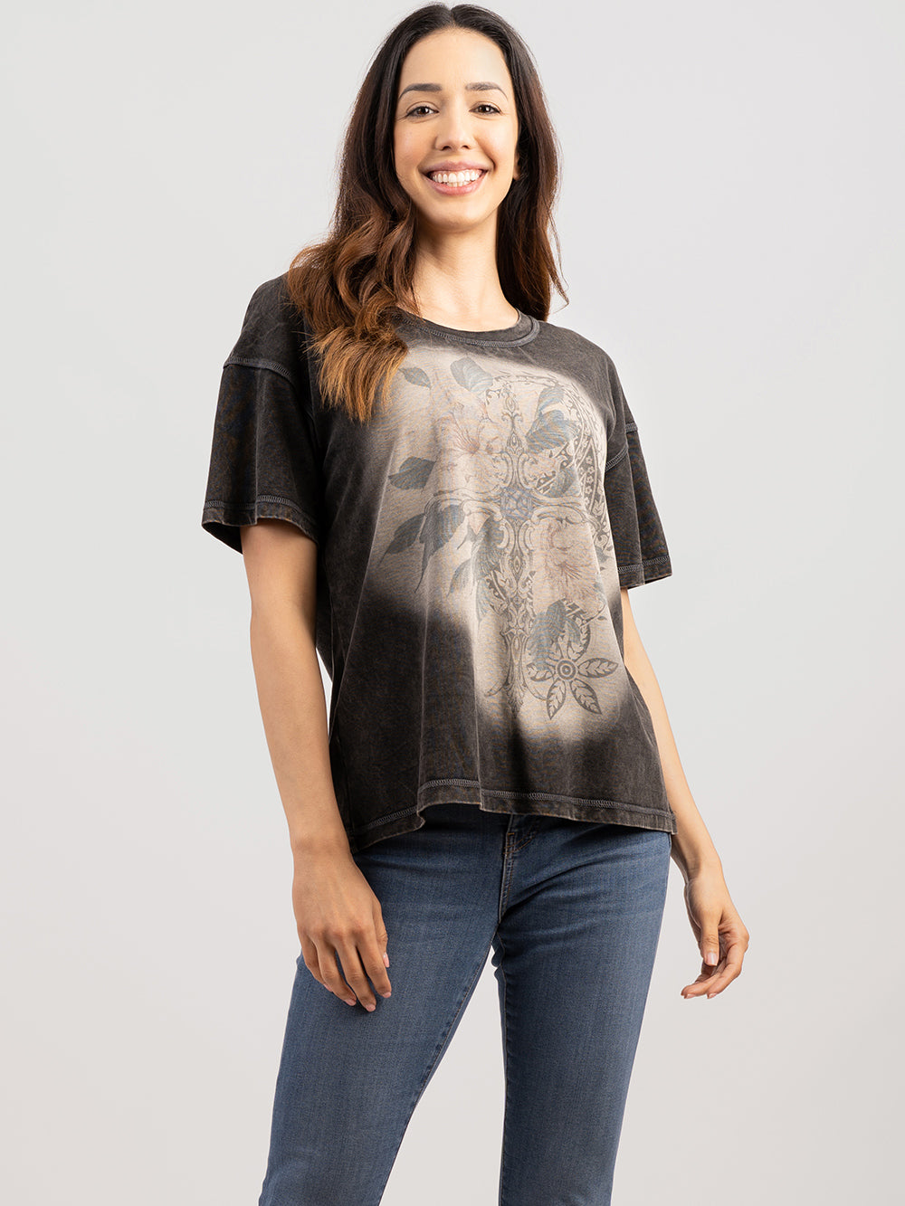 Delila Women's Washed Floral Cross Tee - Montana West World