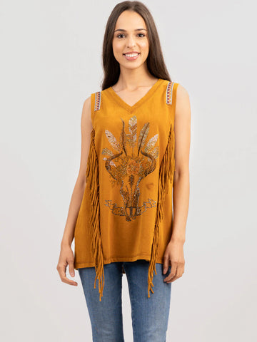 Delila Women Washed Retro Bull Fringe Tank - Montana West World