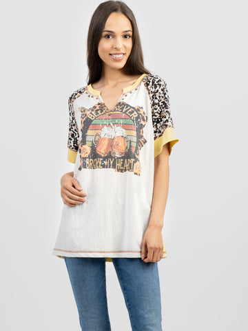 Delila Women Beer Cheering Graphic Leopard V Neck Tee - Montana West World