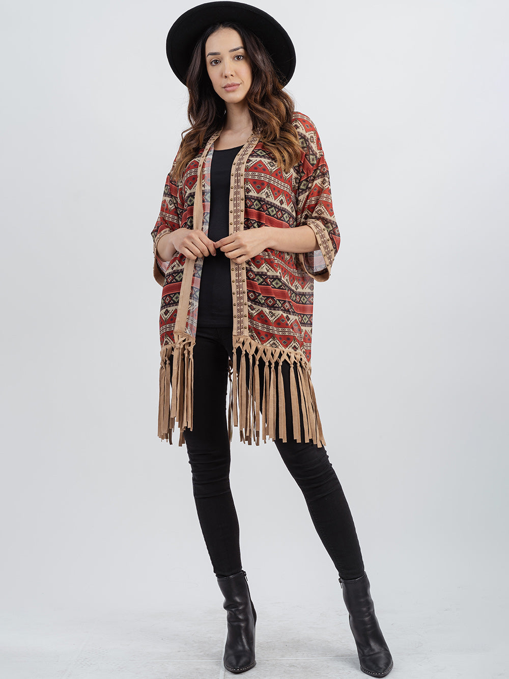 Delila Aztec Graphic Studded Half Sleeve Fringe Kimono - Montana West World