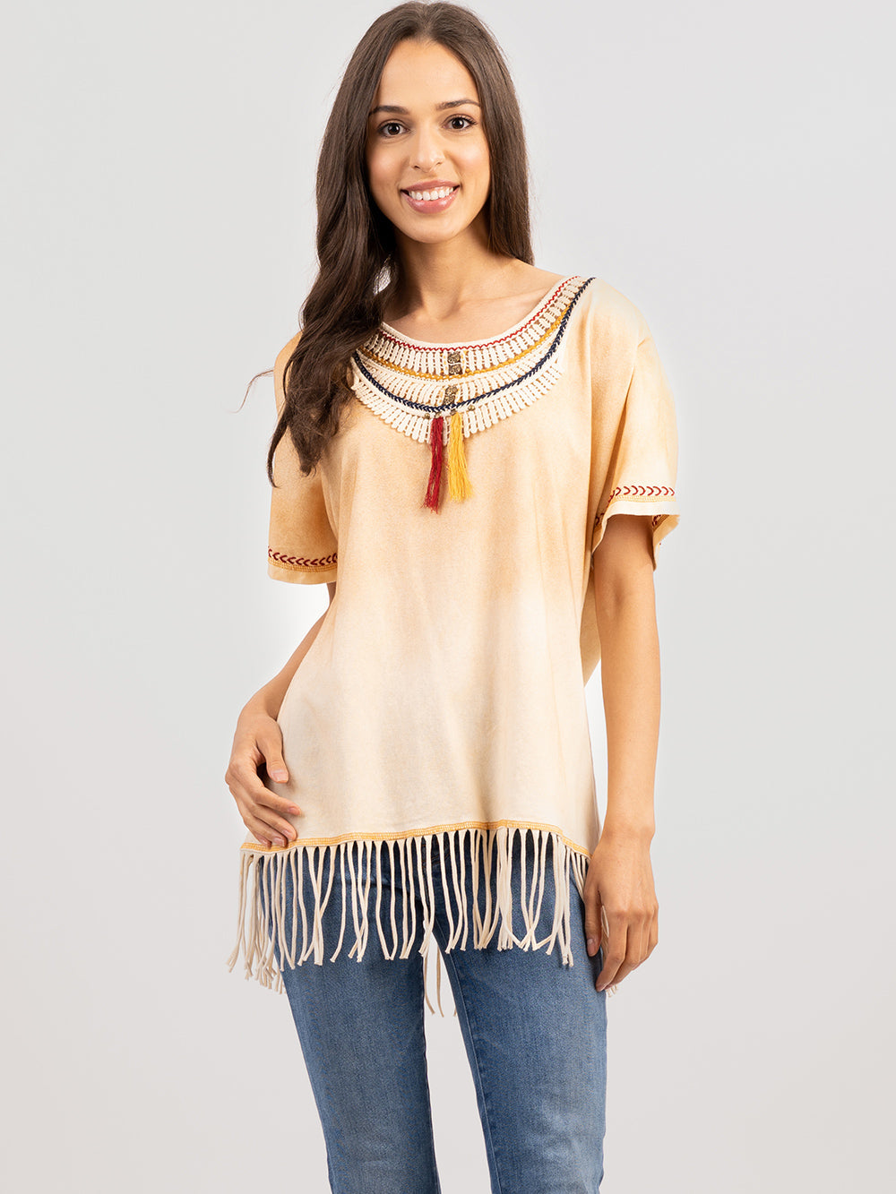 Delila Women’s Fringed Lace collar With Tassel Tee - Montana West World