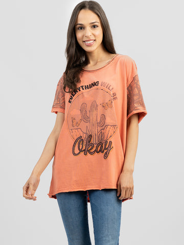 Delila Women Embroidered Washed Cactus Tee With Rhinestones - Montana West World