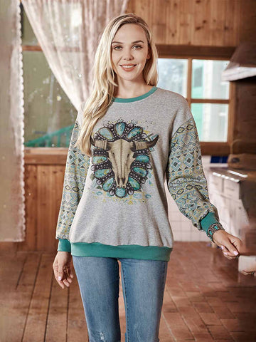 American Bling Women Bull Skull Patchwork Aztec Sweatshirt - Montana West World