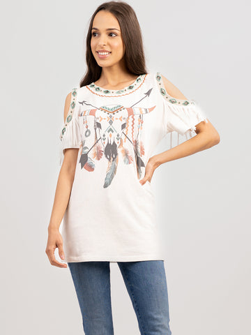 Delila Women Washed Bull Aztec Tee With Fringe - Montana West World