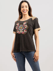 Women Mineral Wash Floral Embroidered Patchwork T-Shirt - Montana West World