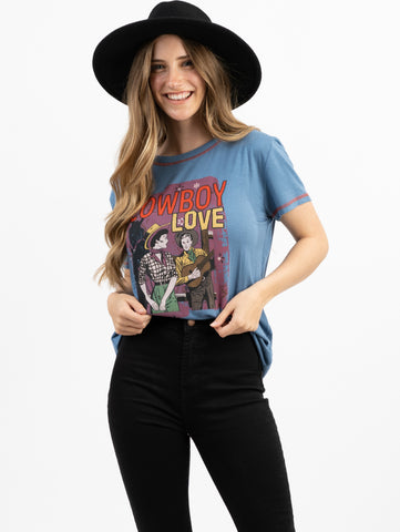 American Bling Women's Washed Contrast Stitched CowBoy Love Tee - Montana West World