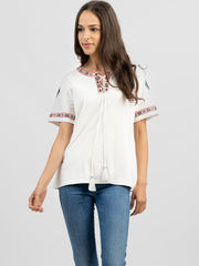 Delila Women Washed Embroidered Aztec Tie-String Tassel Tee - Montana West World
