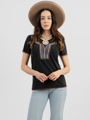 Delila Women's Embroidery Contrast Stitched Studded Tee - Montana West World