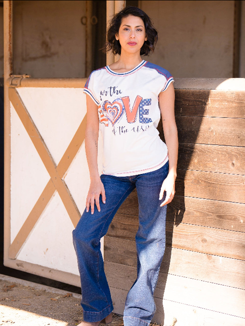 Women's Mineral Wash Contrast Stitched “Love” Patriot Short Sleeve Tee - Montana West World
