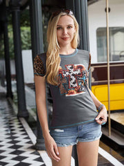 American Bling Women Cross Leopard Print Short Sleeve Shirt - Montana West World