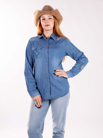 Montana West Embroidered Aztec Pocket Long Sleeve Chambray Shirt - Montana West World