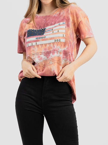 Delila Women's Tie-Dye Hand Stitched Studded Flag Tee - Montana West World