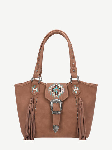 Montana West Embroidered Aztec Leather Fringe Buckle Tote - Montana West World