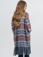 Delila Aztec Graphic Studded Half Sleeve Fringe Kimono - Montana West World