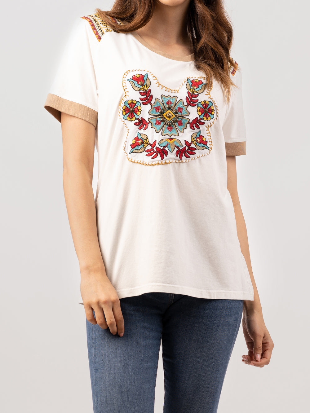 Women Mineral Wash Floral Embroidered Patchwork T-Shirt - Montana West World