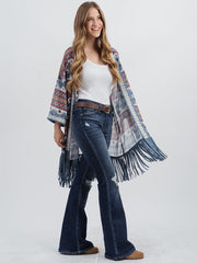 Delila Aztec Graphic Studded Half Sleeve Fringe Kimono - Montana West World