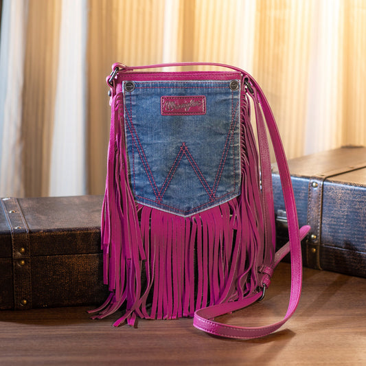 Wrangler Hot Pink Leather Fringe Jean Denim Pocket Crossbody - Montana West World