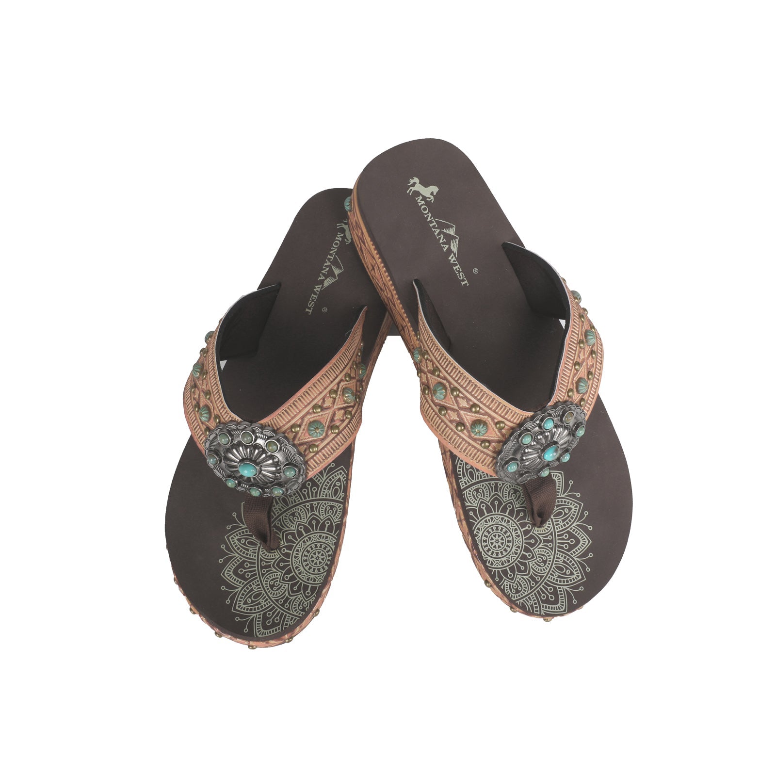 Mandala Aztec Tooled Wedge with Crosses Flip Flops - Montana West World