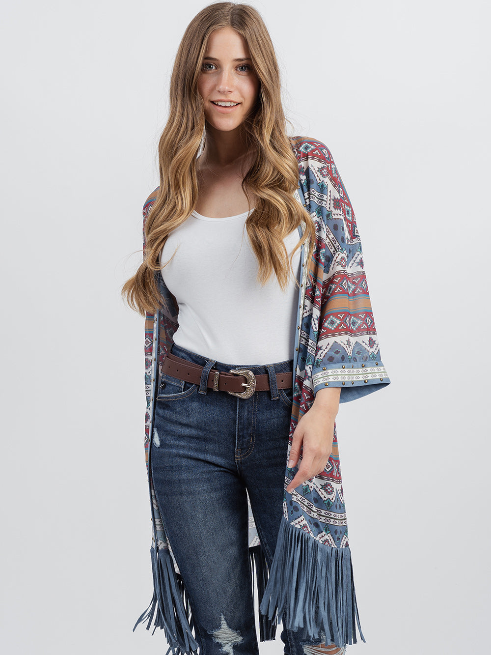 Delila Aztec Graphic Studded Half Sleeve Fringe Kimono - Montana West World